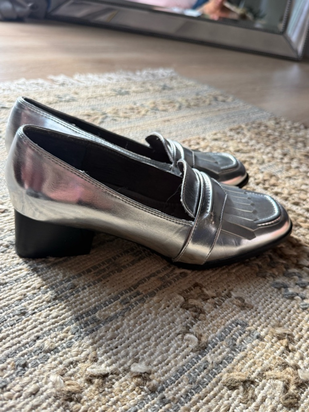 Metallic Silver Fringe Penny Loafer heels - Picture 3 of 8